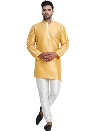 SKAVIJ Men's Art Silk Self Design Kurta Pajama Set Mandarin Collar 2-Piece Ethnic Festive Dress (KP071gold_Gold_L)