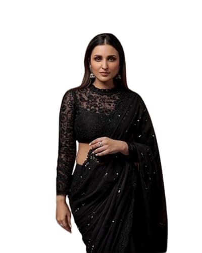 Saree For Women Georgette Black Fancy Sari With Unstitched Net Blouse Stylish & Modern for Cocktail Party, Festivals, Engagement Wedding Wear