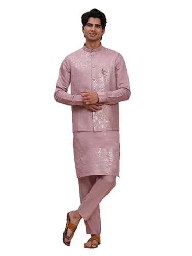 Pro-Ethic Style Developer Men's Cuffed Sleeves Cotton Kurta and Trouser Set with Embroidered Waistcoat (Nehru Jacket) (C-121) Lavender Large