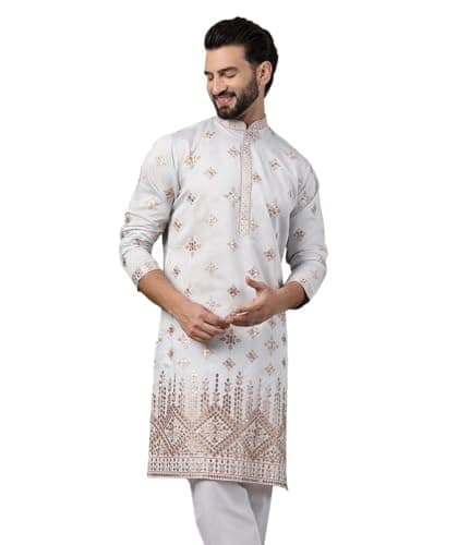 Sojanya (Since 1958 Men’s Cotton Mirror Hem Embroidered Sky Blue Long Kurta