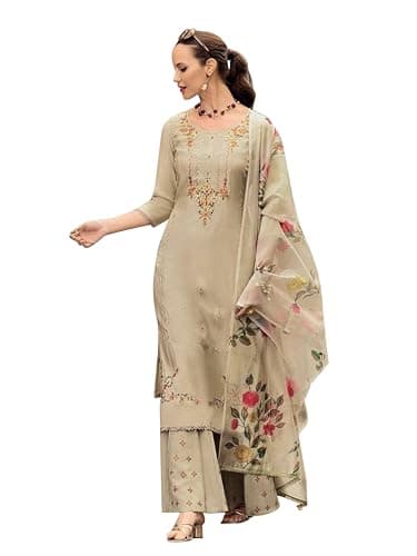 TRENDMALLS Women's Cotton Silk Hand Work Embroidery Kurta Palazzo Set with Printed Dupatta (G308-Beige-S)