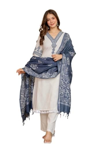 SANJHEYA- CRAFTED TO BELONG Women Cotton Kurta Pant Dupatta Set 3 Piece Ethnic Outfit, White Straight Kurti with Blue Printed Dupatta(Small)