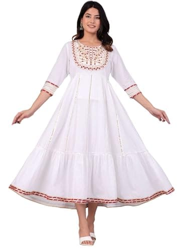 JG JAI GOVINDAM Cotton Anarkali Indian Kurti for Women Pakistani Wedding/Party Wear Designer Style Anarkali Suit for Women (US, Alpha, Medium, Regular, Regular, White)