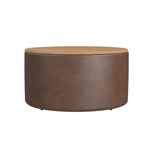 HomePop Modern Fabric Storage ... Wood Top - Faux Brown Leather