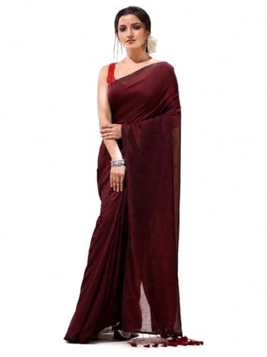 SAREEN Khadi Cotton Saree for Women | Soft Handwoven Khadi Saree with Tassels | Lightweight Traditional & Casual Wear Saree (Maroon)