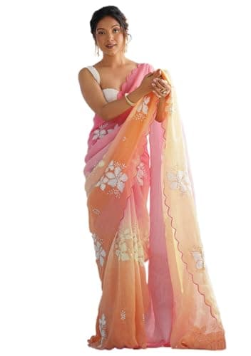 Indya Pink Orange Embroidery Silk Blend Saree Set | Perfect for Festive & Party Wear