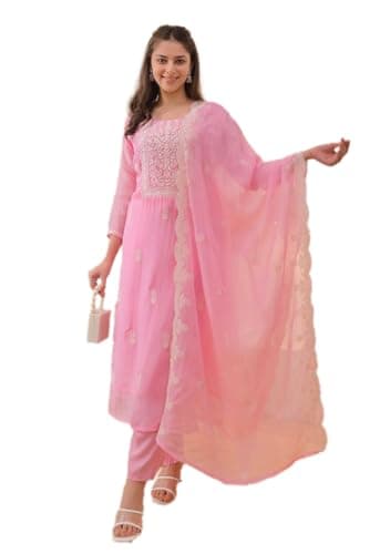 Indya Pink Chikankari Chanderi Straight Kurta Set for Casual | 3/4 Sleeve | U Neck | Indian Ethnic Wear