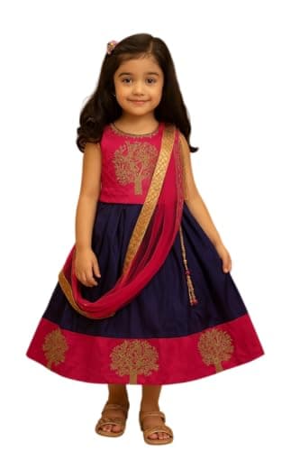 RC FASHIONS Girls Lehenga Choli Set, Navy Blue & Pink Dress with Gold Embroidery, Sleeveless Outfit with Dupatta, 3-5 Years (US, Age, 3 Years)