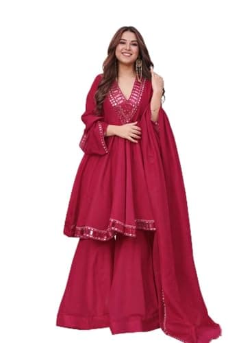 MINTMARK FASHION Women’s Silk Anarkali Sharara Set with Mirror Work–Ethnic Outfit for Wedding, Festival Wear (US, Alpha, Medium, Regular, Regular, Rani)