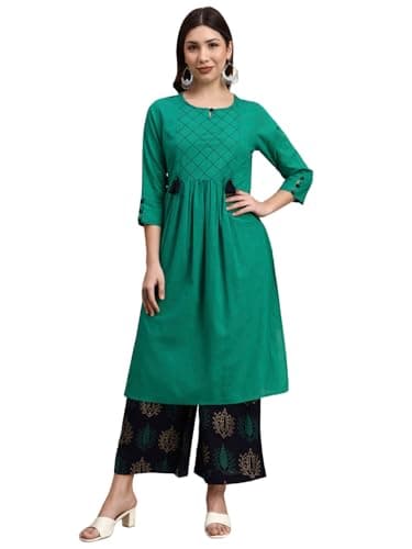 Idalia Straight Cotton Kurta with Palazzo Pant Set - Ideal for Wedding & Festive Occasions - 3/4 Sleeve, Round Neck (as1, alpha, x_s, regular, regular, Rama Green)