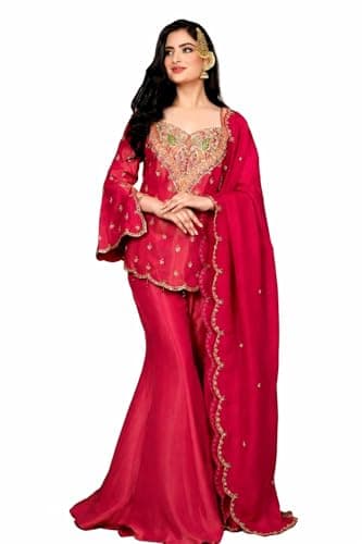 MINTMARK FASHION Women's NC Moss Silk Embroidery Sequence work Kurta Sharara Set with Dupatta Kurta Set for Women (US, Alpha, Large, Regular, Regular, Pink)