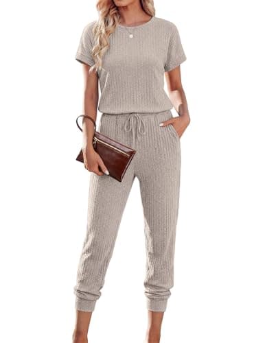 Ekouaer Rompers for Women Summer Jumpsuits Casual 2026 Outfits Ribbed One Piece Vacation Travel Beach Clothes Beige M