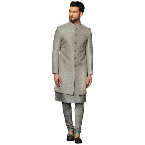 KISAH Men's Sherwani Set with Kurta & Churidar – Textured Silk Blend Jacquard, Regular Fit – Indian Wedding Sherwani for Men | Festive Wear for Diwali, Eid & Celebrations, Grey, 38