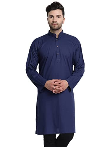 In-Sattva Men's Indian Banded Classic Collar Pure Cotton Long Kurta Tunic; Navy Blue; XXL