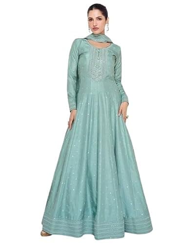Indian Pakistani Ready to Wear Silk Embroidered Sequins Anarkali Suit Gown Festive Wear/Partywear with Dupatta Green