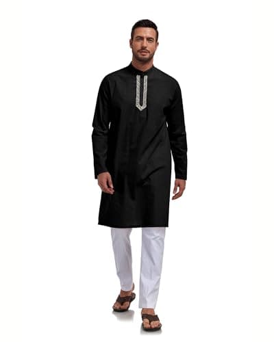 Jacansi Mens Kaftan Thobe Button Down Casual Cotton Long Sleeve Robe Linen Muslim Gown Kurta Caftan Black 3XL