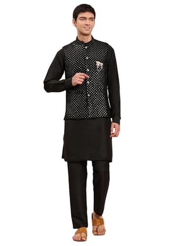 Pro-Ethic Style Developer Mens Indian Traditional Cotton Kurta Set With Velvet Jacket (Waistcoat) For Men (C-115) Black Medium