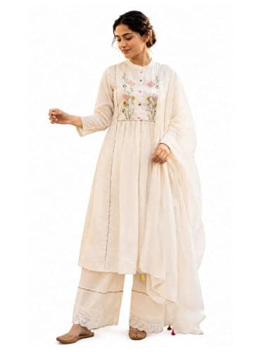 Women's Dobby Cotton Anarkali Kurta Set with Pant and Dupatta - Embroidered Maxi Dress for Women and Girls Long Kurti Ethnic Party Wear Indian Outfit (Small)