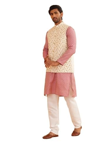 Sojanya (Since 1958 Men'S Silk Blend Pink Kurta & Cream Pyjama With Cream Embroidered Nehrujacket