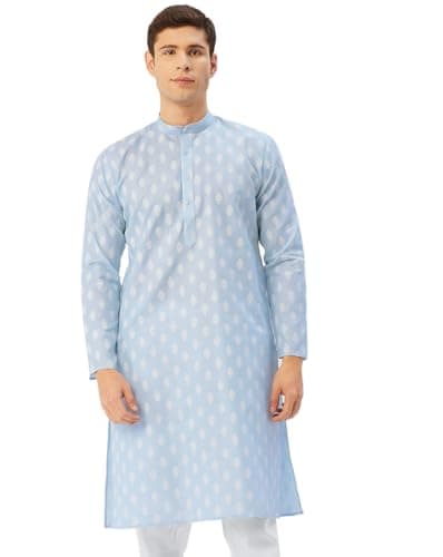 Maple Clothing Printed Casual Wear Men's Cotton Kurtas No Pants India Apparel (Sky Blue, S)