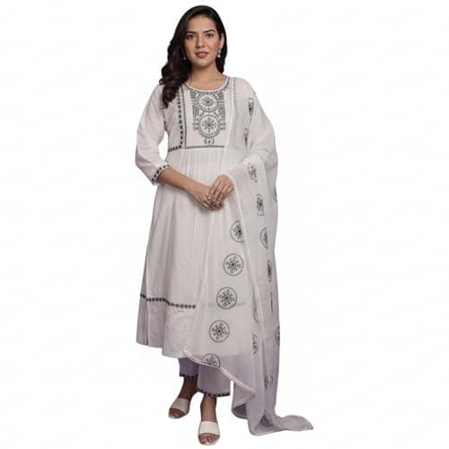 TAGAAI White Embroidered A-Line Kurta Set for Women – Soft Cotton Suit with Dupatta | Lightweight Daily Wear Ethnic Outfit | Stylish Comfortable Indian Dress (XLarge)