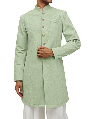 Runcati Mens Kurta Coats Indian Mandarin Collar Attire Ethnic Outfits Wedding Festive Party Clothing Casual Kaftan Robe Light Green