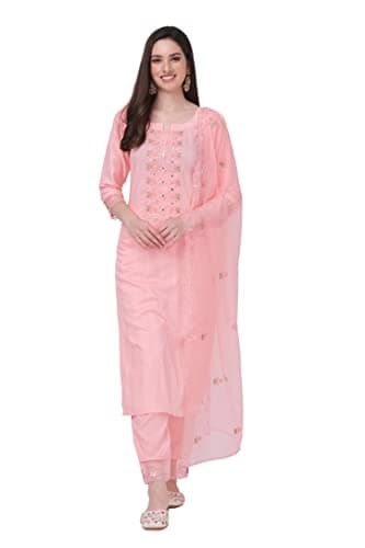 TRENDMALLS Women's Cotton Embroidery Salwar Suit Set Kurta Pant with Dupatta (G103-LightPink-3XL)