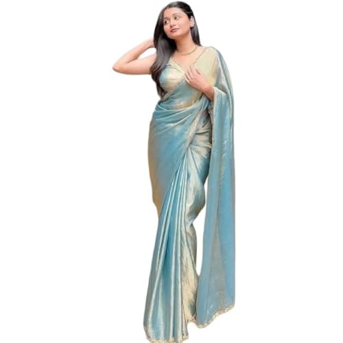 BE4ME.COM Trending Gold Two-Tone Fandy Silk Saree with Designer Border – Viral Insta Tiktok Party Wear Sari (Sky Blue)