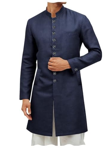 ONAXTDA Mens Stand Collar Linen Cotton Kurta Sherwani Coats Kaftan Spring Summer Micro Stretchy Long Outerwear Navy XXS