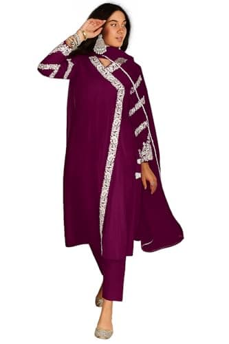 ELEGANZA FASHION Women’s 3-Piece Suit Set Embroidered Kurta with Pants & Dupatta | Festive & Traditional Indian Ethnic Wear (Wine, 3XL)