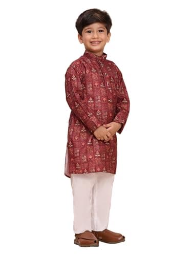 Pro-Ethic Style Developer Boys Heavy Cotton Printed Kurta Set for Kid's | Indian Ethnic Wear | Traditional Party Wear | Maroon | 2-3 years (S-280)