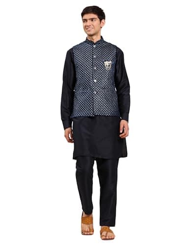 Pro-Ethic Style Developer Mens Indian Traditional Cotton Kurta Set With Velvet Jacket (Waistcoat) For Men (C-115) Navy Blue Large