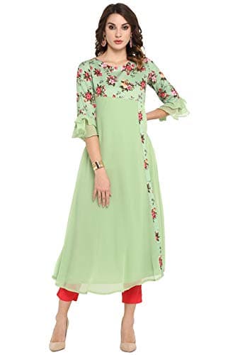 Janasya Indian Women's Light Green Poly Crepe Kurta(JNE3368-KR-XL)