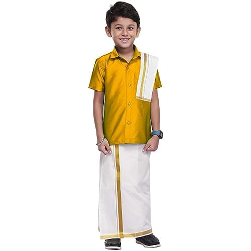 Chandrakala Boys Silk Blend Shirt with Kasavu Mundu, Dupatta & Dhoti Set | Kids Indian Traditional Party Wear | Bollywood Style Wedding Dress for Boys,6-12 Months Gold-M (KB101GOL1)