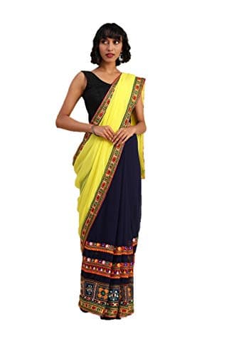 saree for Womens Ethnic Indian Wedding Gift Sari With Blouse Piece party wear (Yellow & Navy Blue-1, Unstitched)