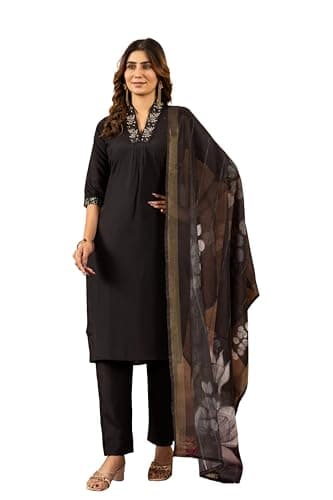 OVOC Embroidered Hand Work Viscose Roman Silk Women's Kurti With Pant And Dupatta Full Stitch Ready Wear Salwar Suit (US, Alpha, X-Large, Regular, Regular, Black)