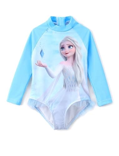 Disney Princess Frozen Elsa Bathing Suit Girls Swimsuit One Piece Swim Suits Long Swim Clothing UPF 50+ Rash Guard Swimming Suit Quick Dry Swimming Clothing Little Kid Swimwear Color Block 8-9 Years