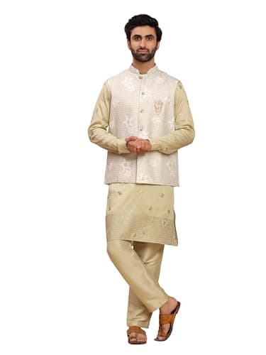 Pro-Ethic Style Developer Mens Silk Kurta Trouser Set With Embroidered Waistcoat (Nehru Jacket) (C-126) Pista Medium