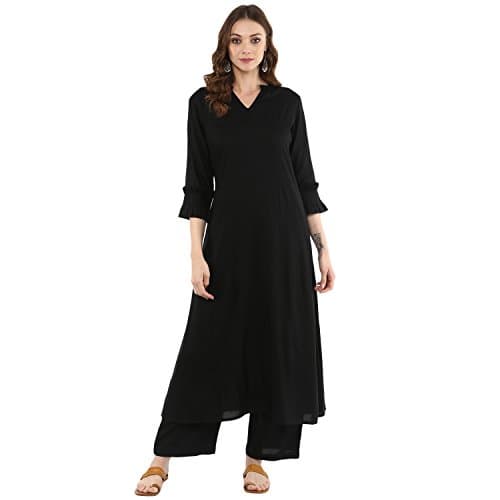 Idalia Black Rayon Solid A-Line Kurta with Palazzo Set for Women