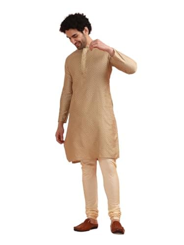 KISAH Men's Kurta Churidar Set – Woven Design Silk Blend Tunic with Mandarin Collar, Regular Fit – Indian Wedding Outfit for Men, Gold, 44