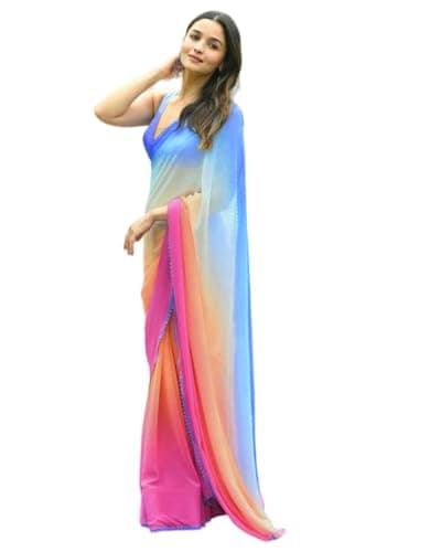 Alia bhatt wear Saree Rocky aur rani movie saree celebraty inspired manish malhotra partywear Georgette Printed saree (SKY BLUE-1)