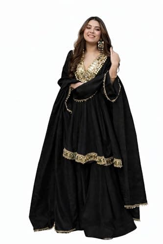 MINTMARK FASHION Women’s Silk Anarkali Sharara Set with Mirror Work – Traditional Ethnic Kurta Sharara Outfit for Wedding, Festival Wear (US, Alpha, Large, Regular, Regular, Black)