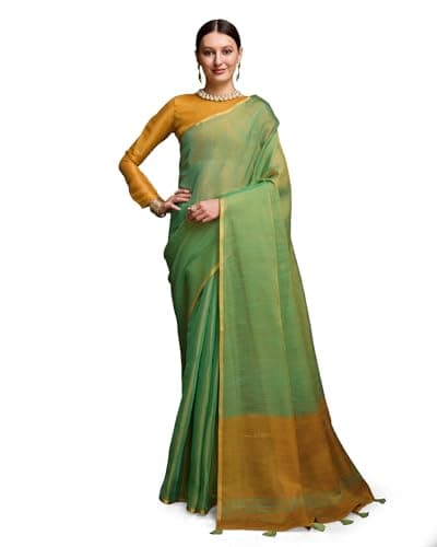 BFM Woven Design Saree with Zari Border & Detailing – Elegant Traditional Indian Wear with Blouse for Festive Occasions (GREEN & ORANGE)