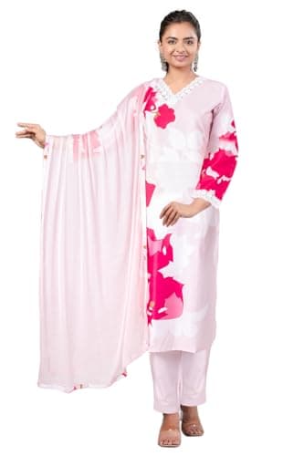 Chandrakala Printed Kurta Pant Set for Women With Dupatta Pink White,X-Large (K242PIN4)