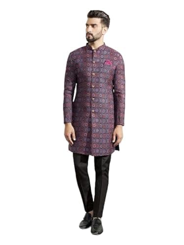 KISAH Men's Indo Western Sherwani Trouser Set, Multi Jacquard, Woven Design Regular Fit Mandarin Collar Full Sleeves (Small)