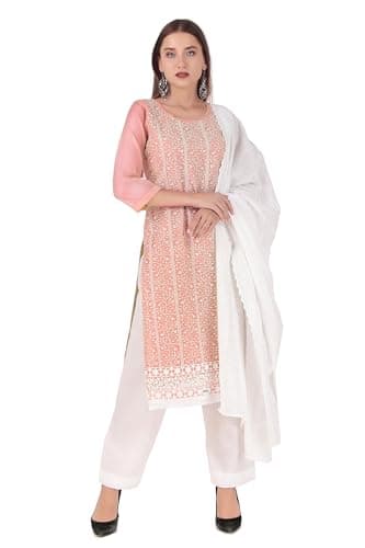 ladyline Formal Silk Salwar Kameez - Chikan Embroidery Lace with Chiffon Embroidered Dupatta (SESK KUS) (46/ Peach)