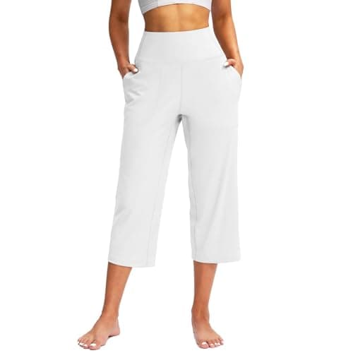 Womens Capris Wide Leg Yoga Pants with Pockets Dressy Capri Leggings High Waist Tummy Control Capri Leggings Plus Size Dress Pant Stretchy Capris Pull On Work Pant Business Casual Outfits