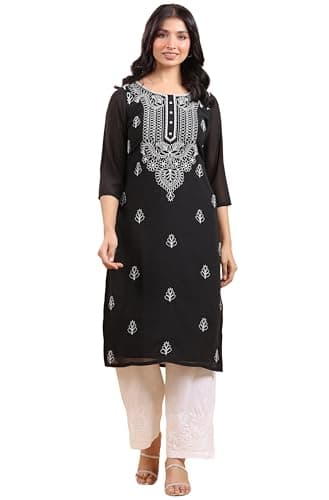 Janasya Indian Women's Georgette Black Embroidered Casual Wear Kurta for Women