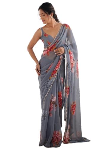 Indya Morpeach Embroidery Silk Blend Saree Set | Perfect for Party Wear