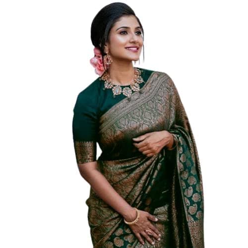 Banarasi Soft Lichi Silk Saree With Beautiful Jacquard Rich Pallu Design Work Zari Woven Kanjivaram Style With Soft Silk Blouse Piece (Green)